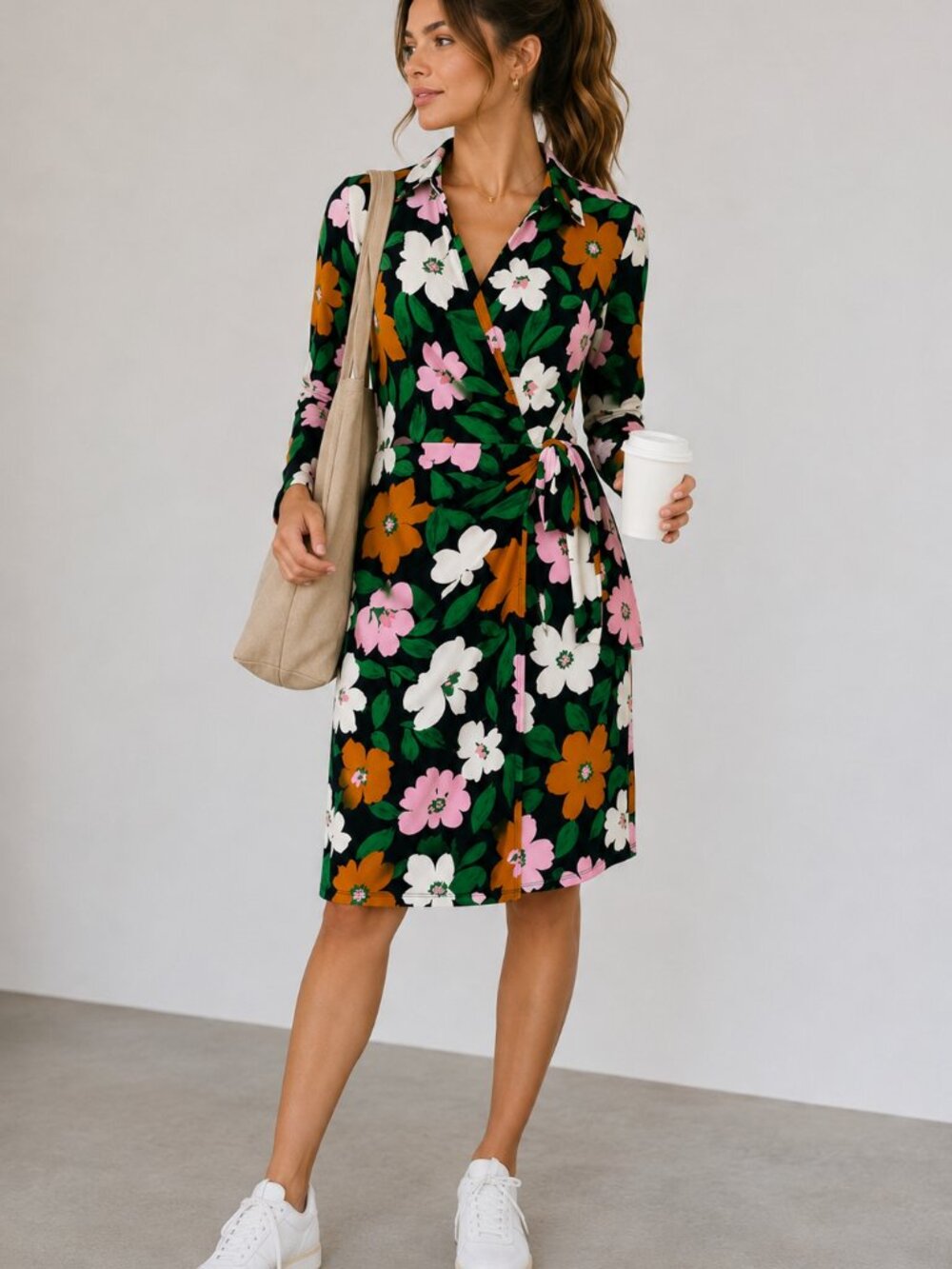 Donna Morgan Size 6 Floral Wrap Dress Black Pink Orange Long Sleeve NWT